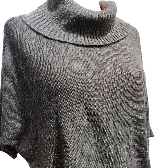 AGB L Gray Metallic Cowl Neck Batwing Sweater Dolman Sleeve Shimmer Knit Top - Picture 2 of 9